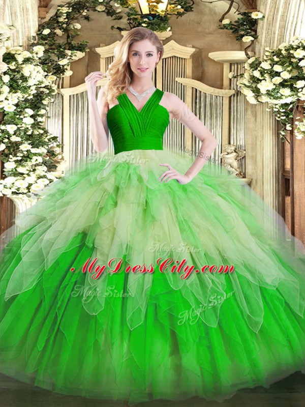 Admirable Multi-color Sweet 16 Quinceanera Dress Military Ball and Sweet 16 and Quinceanera with Ruffles V-neck Sleeveless Zipper