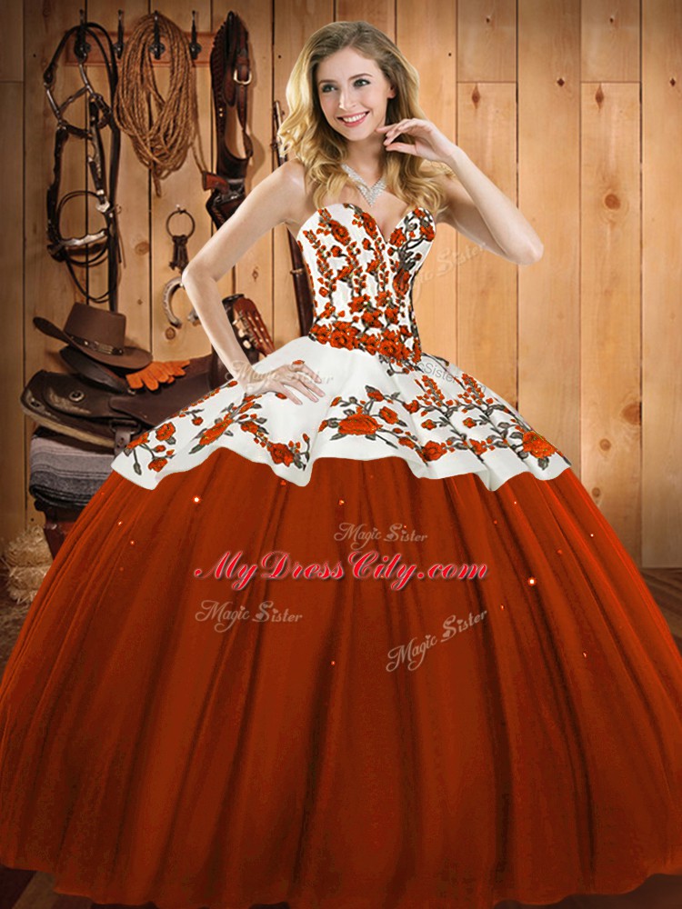 Captivating Rust Red Sweetheart Neckline Embroidery Vestidos de Quinceanera Sleeveless Lace Up