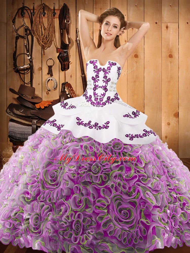 Multi-color Satin and Fabric With Rolling Flowers Lace Up Vestidos de Quinceanera Sleeveless With Train Sweep Train Embroidery