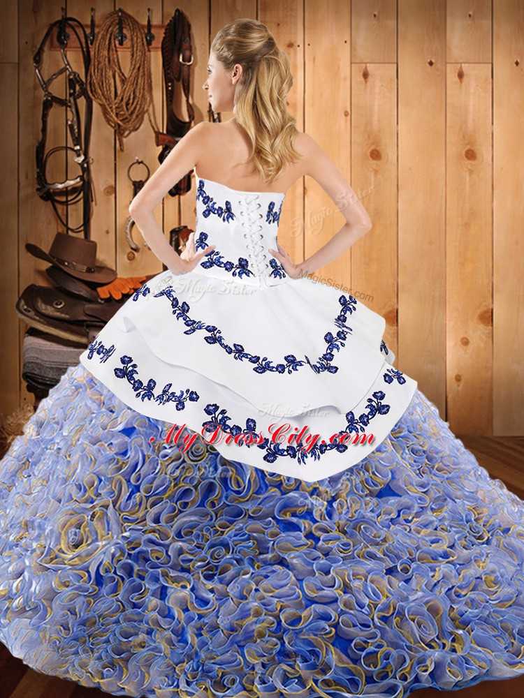 Multi-color Satin and Fabric With Rolling Flowers Lace Up Vestidos de Quinceanera Sleeveless With Train Sweep Train Embroidery