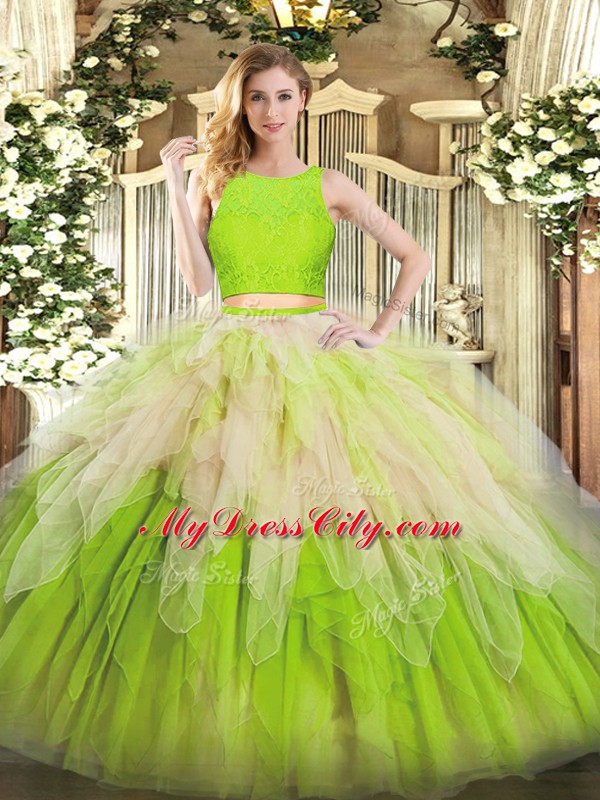 Multi-color Zipper Scoop Lace and Ruffles Quinceanera Gown Organza Sleeveless