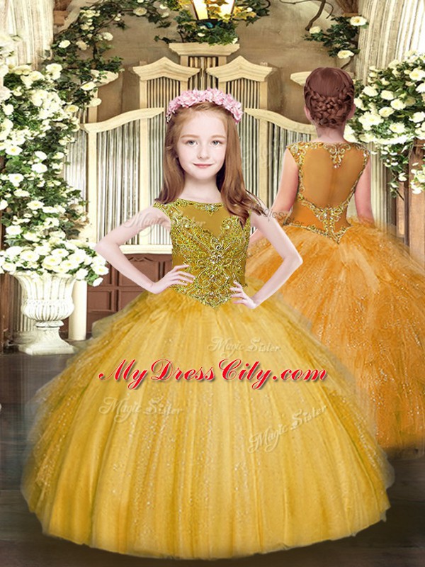 Gold Sleeveless Floor Length Beading and Ruffles Zipper Little Girl Pageant Dress