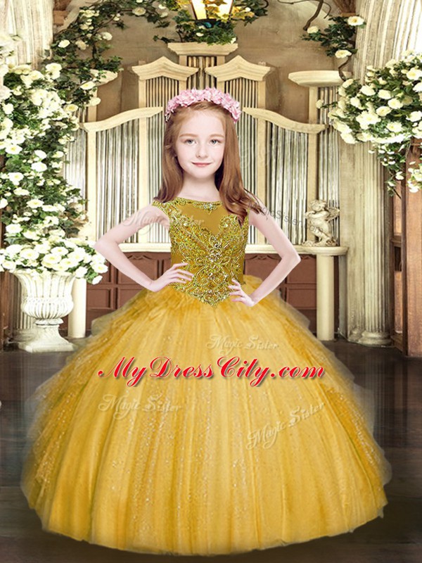 Gold Sleeveless Floor Length Beading and Ruffles Zipper Little Girl Pageant Dress