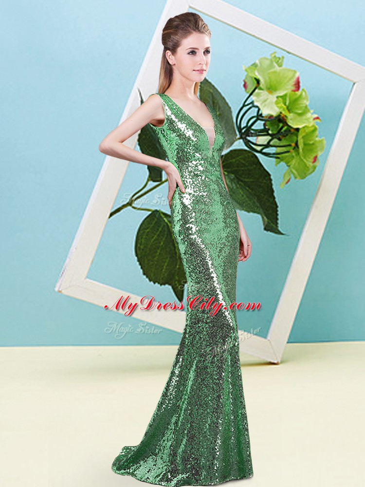 Deluxe Green Zipper Prom Evening Gown Sequins Sleeveless Floor Length