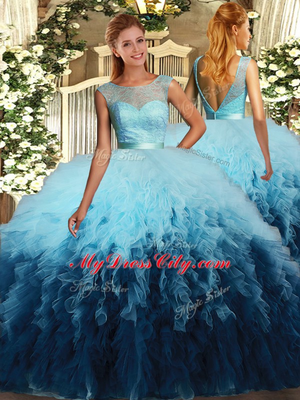 Tulle Sleeveless Floor Length Sweet 16 Quinceanera Dress and Beading and Ruffles