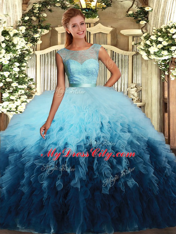 Tulle Sleeveless Floor Length Sweet 16 Quinceanera Dress and Beading and Ruffles