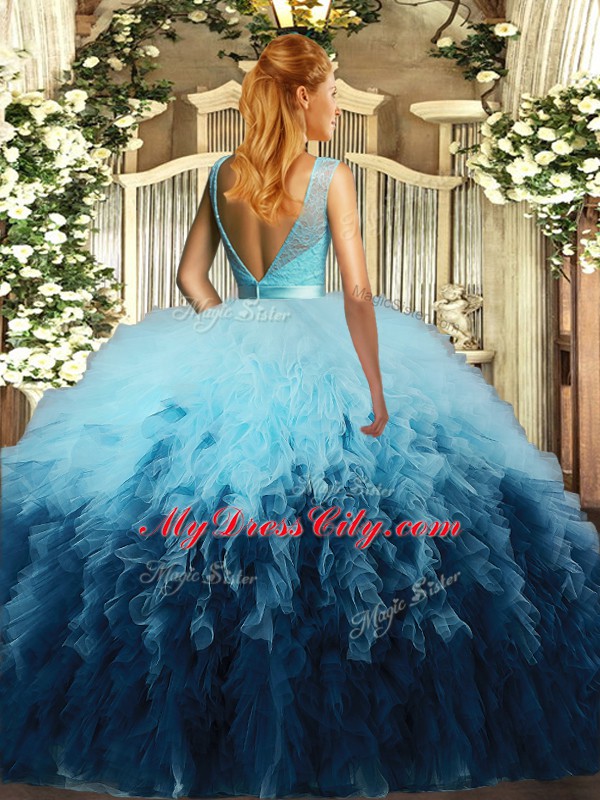 Tulle Sleeveless Floor Length Sweet 16 Quinceanera Dress and Beading and Ruffles