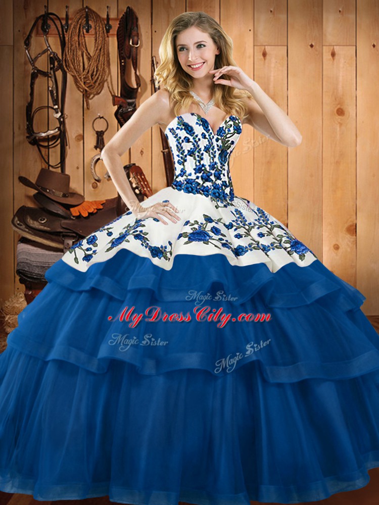 Extravagant Blue Lace Up Ball Gown Prom Dress Embroidery Sleeveless Sweep Train