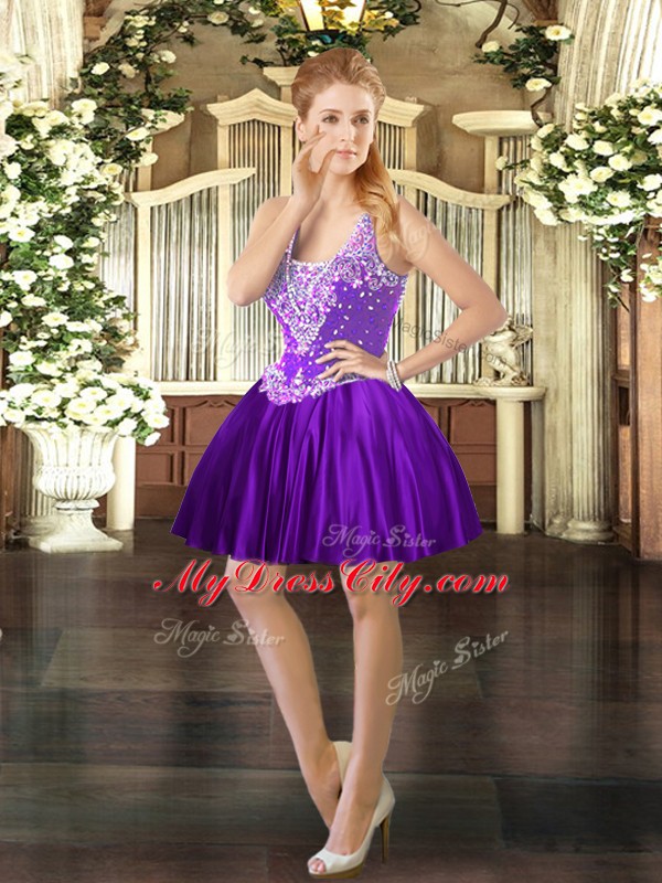 Purple Sleeveless Satin Lace Up Homecoming Dress for Prom and Party