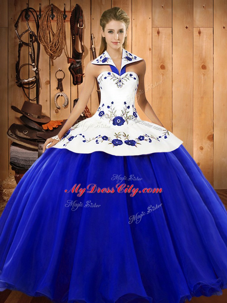 Colorful Ball Gowns 15th Birthday Dress Blue And White Halter Top Satin and Tulle Sleeveless Floor Length Lace Up