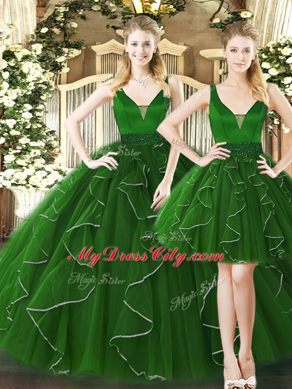 Charming Dark Green Sleeveless Tulle Lace Up Vestidos de Quinceanera for Military Ball and Sweet 16 and Quinceanera