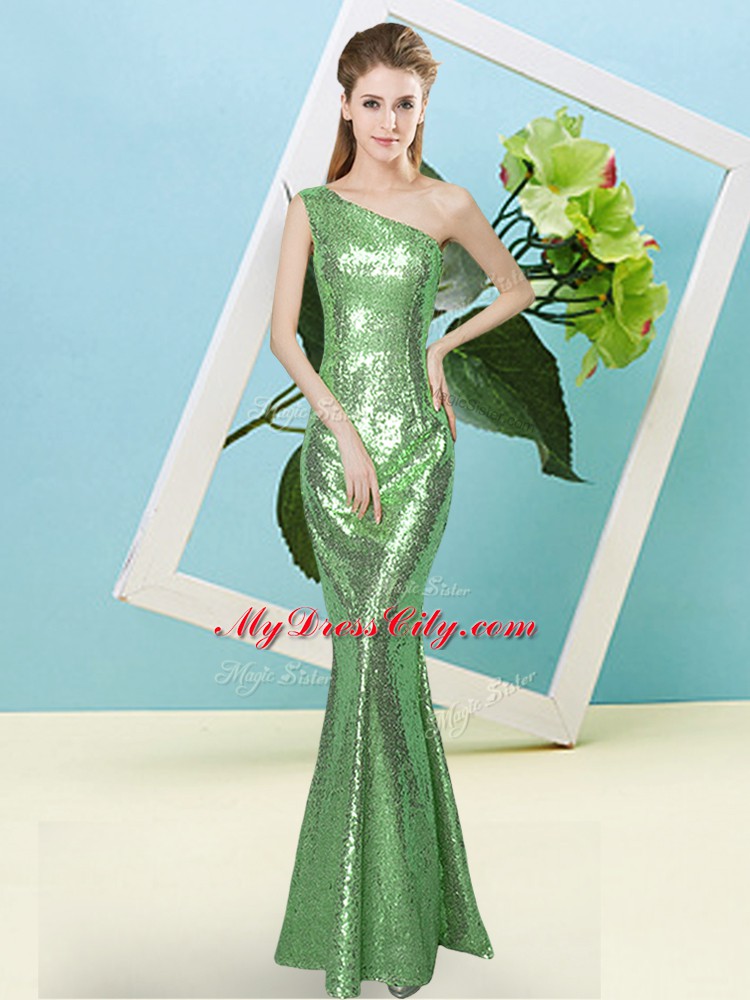 Cute One Shoulder Sleeveless Zipper Dress for Prom Green Sequined