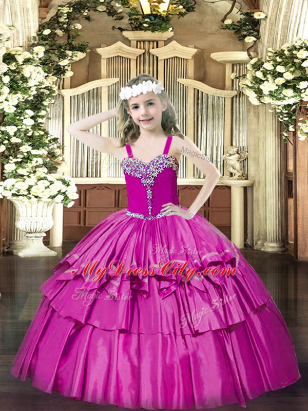 Floor Length Fuchsia Pageant Dress for Womens Organza Sleeveless Beading and Ruffled Layers