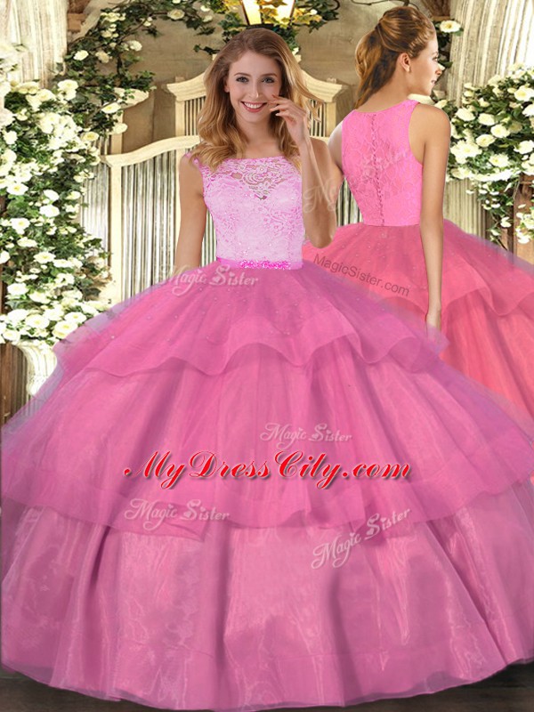 Extravagant Hot Pink Clasp Handle Quinceanera Dresses Lace and Ruffled Layers Sleeveless Floor Length