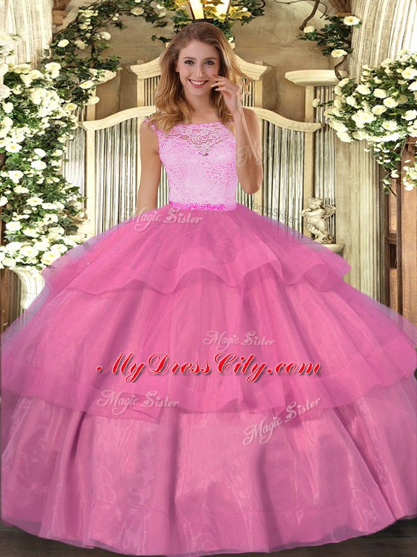 Extravagant Hot Pink Clasp Handle Quinceanera Dresses Lace and Ruffled Layers Sleeveless Floor Length