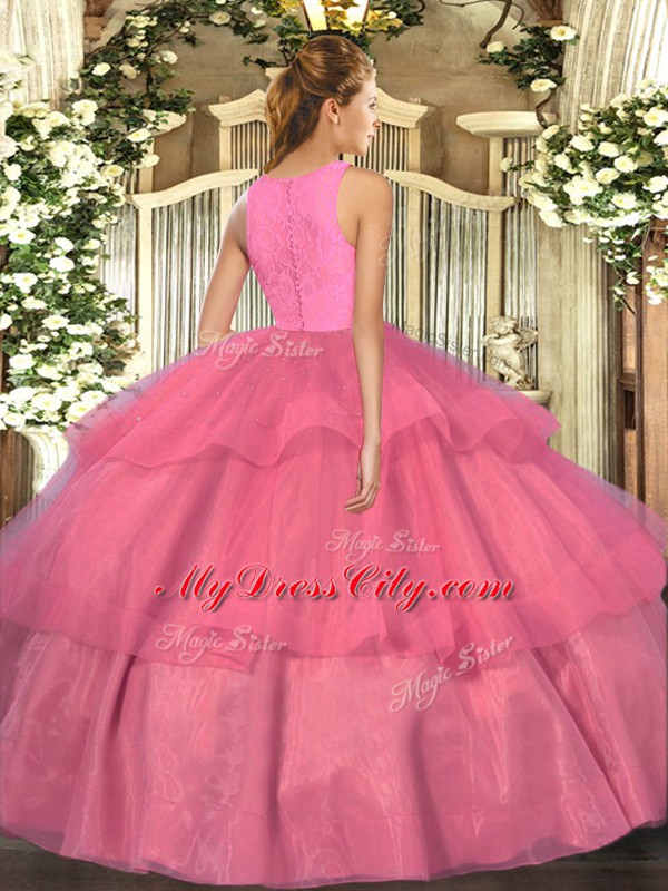 Extravagant Hot Pink Clasp Handle Quinceanera Dresses Lace and Ruffled Layers Sleeveless Floor Length