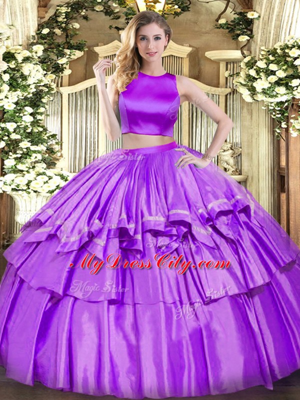 Tulle High-neck Sleeveless Criss Cross Ruffled Layers Quinceanera Gown in Eggplant Purple