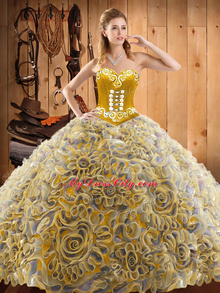 Sweetheart Sleeveless Sweep Train Lace Up 15 Quinceanera Dress Multi-color Satin and Fabric With Rolling Flowers