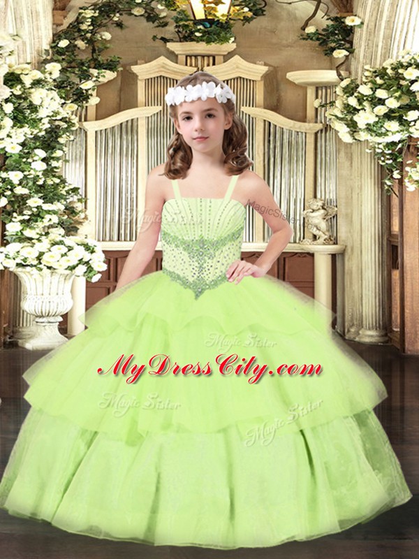 Elegant Yellow Green Straps Neckline Beading and Ruffled Layers Custom Made Pageant Dress Sleeveless Lace Up