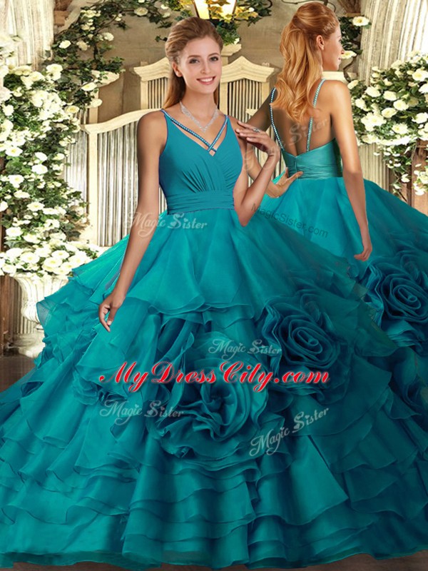 Luxurious Teal Sleeveless Floor Length Ruffles Backless Sweet 16 Dress