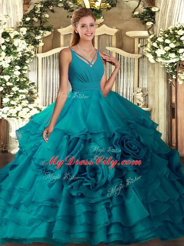 Luxurious Teal Sleeveless Floor Length Ruffles Backless Sweet 16 Dress