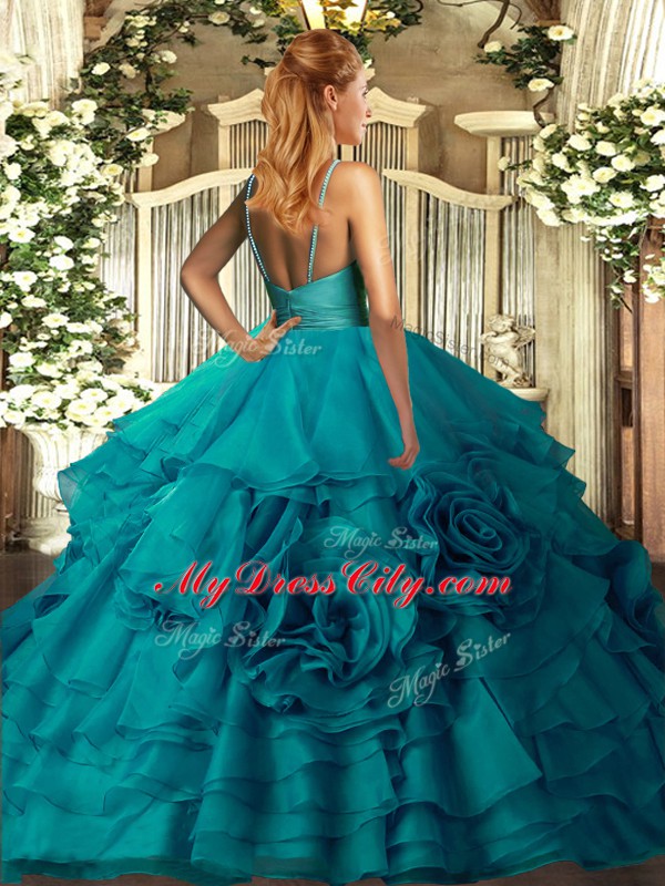 Luxurious Teal Sleeveless Floor Length Ruffles Backless Sweet 16 Dress