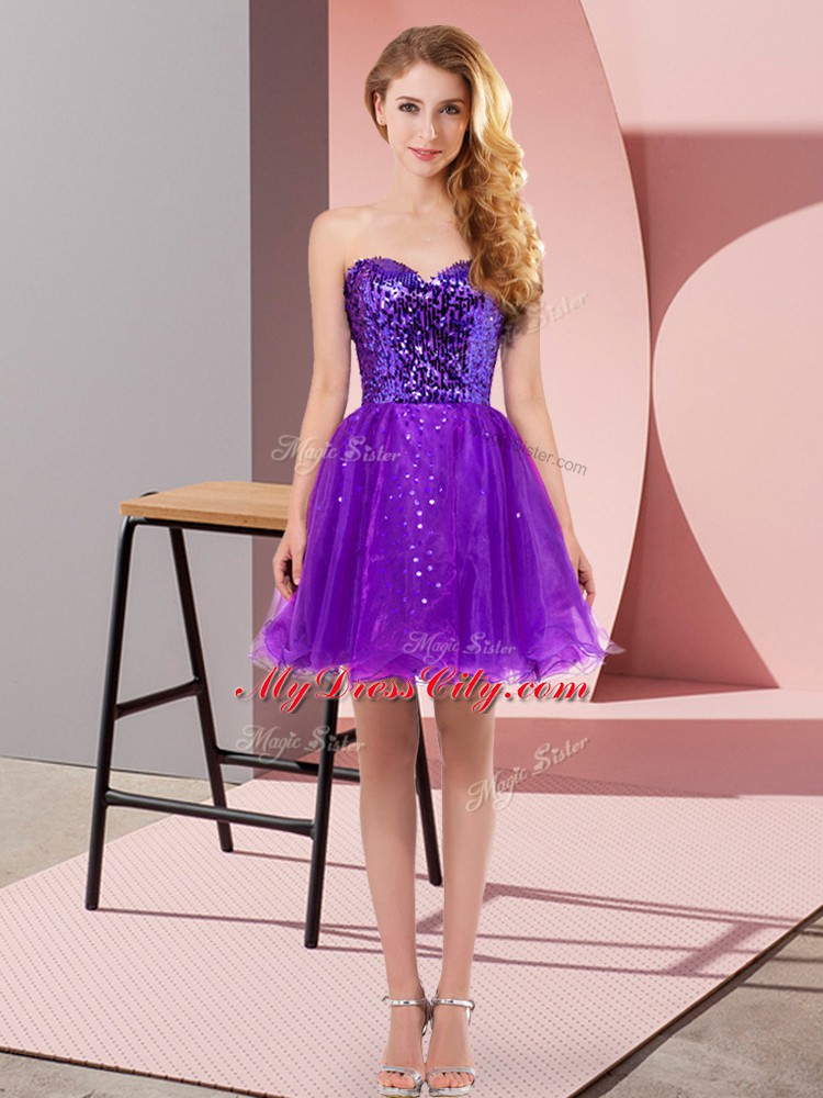 Super Mini Length Purple Prom Gown Sweetheart Sleeveless Zipper