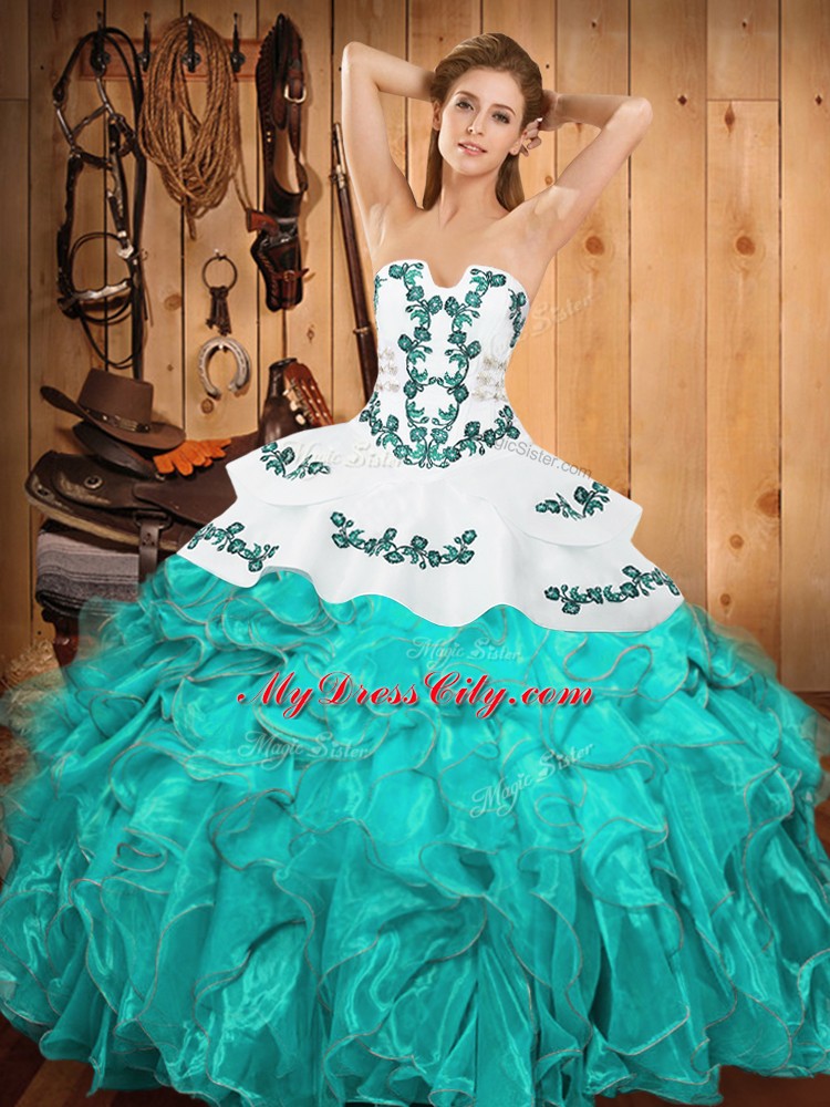 Chic Aqua Blue Satin and Organza Lace Up Strapless Sleeveless Floor Length 15th Birthday Dress Embroidery and Ruffles