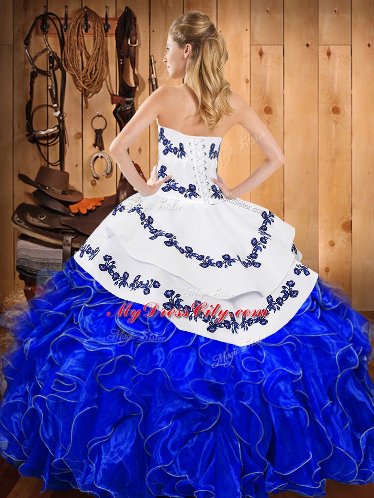 Chic Aqua Blue Satin and Organza Lace Up Strapless Sleeveless Floor Length 15th Birthday Dress Embroidery and Ruffles