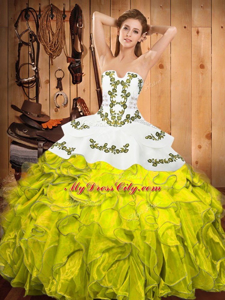 Low Price Floor Length Yellow Green Sweet 16 Dress Satin and Organza Sleeveless Embroidery and Ruffles