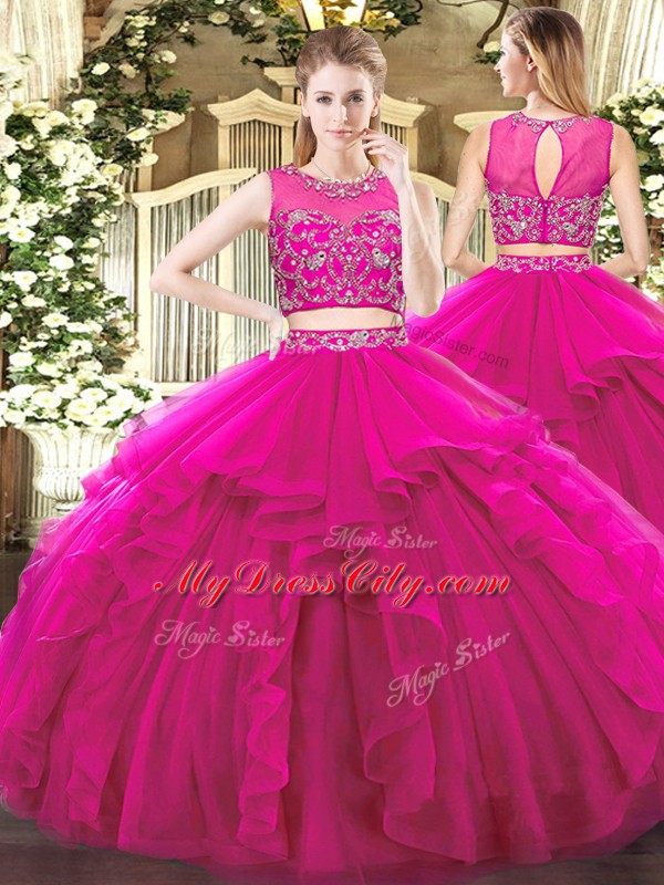 Fuchsia Scoop Neckline Beading and Ruffles 15th Birthday Dress Sleeveless Zipper