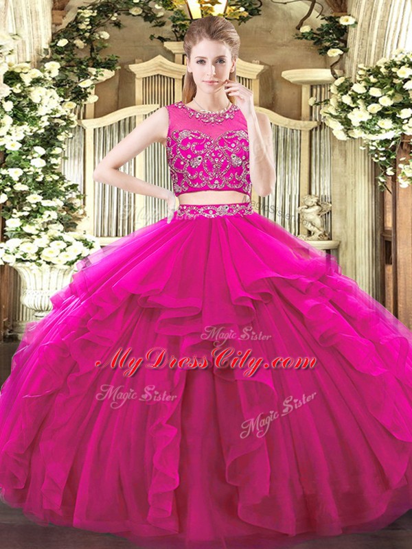 Fuchsia Scoop Neckline Beading and Ruffles 15th Birthday Dress Sleeveless Zipper