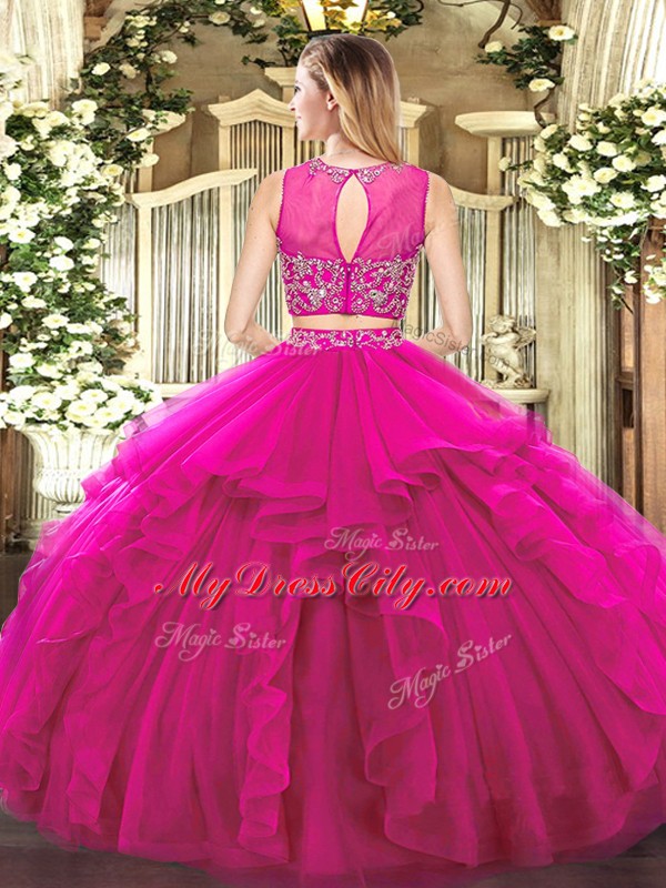 Fuchsia Scoop Neckline Beading and Ruffles 15th Birthday Dress Sleeveless Zipper