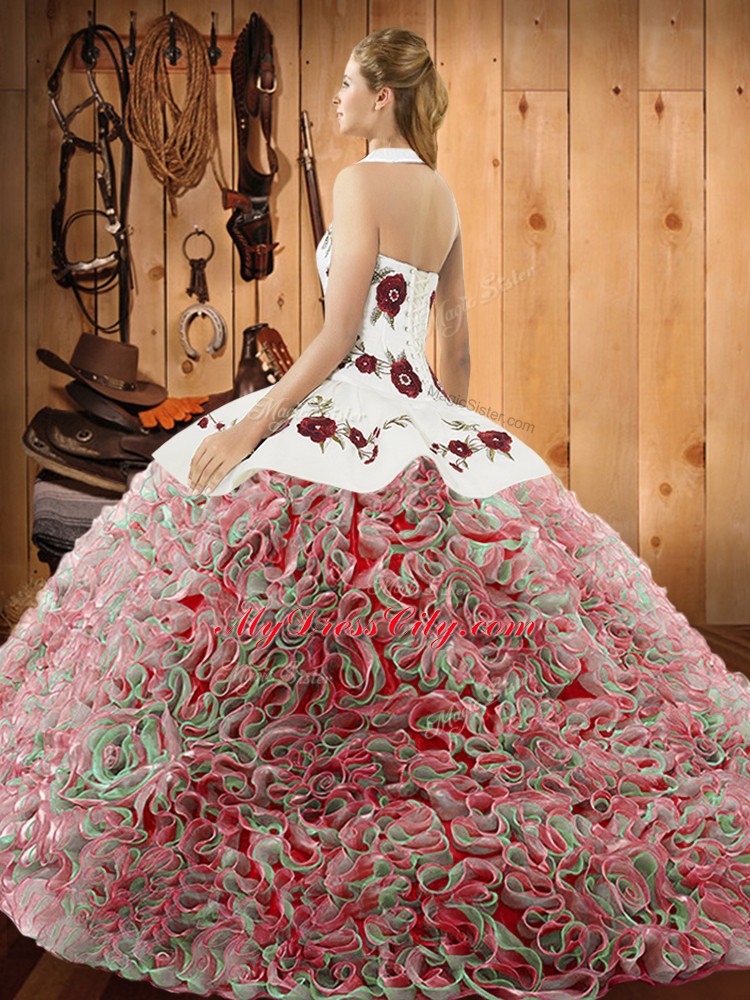 High Quality Multi-color Lace Up Halter Top Embroidery Quinceanera Dress Fabric With Rolling Flowers Sleeveless Sweep Train