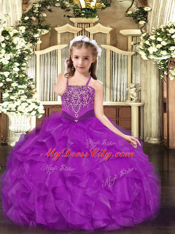 Classical Fuchsia Ball Gowns Organza Straps Sleeveless Beading and Ruffles Floor Length Lace Up Custom Made Pageant Dress