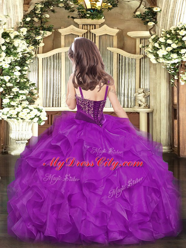 Classical Fuchsia Ball Gowns Organza Straps Sleeveless Beading and Ruffles Floor Length Lace Up Custom Made Pageant Dress