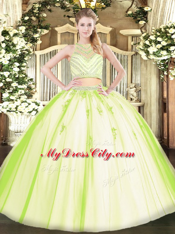 Custom Designed Yellow Green Zipper Quinceanera Dresses Beading Sleeveless Floor Length