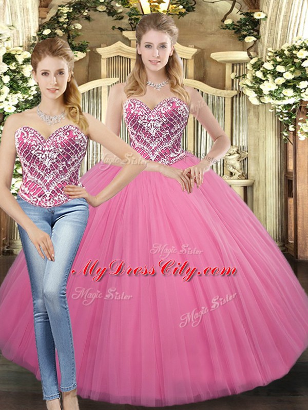 Custom Fit Rose Pink Sweetheart Neckline Beading 15 Quinceanera Dress Sleeveless Lace Up