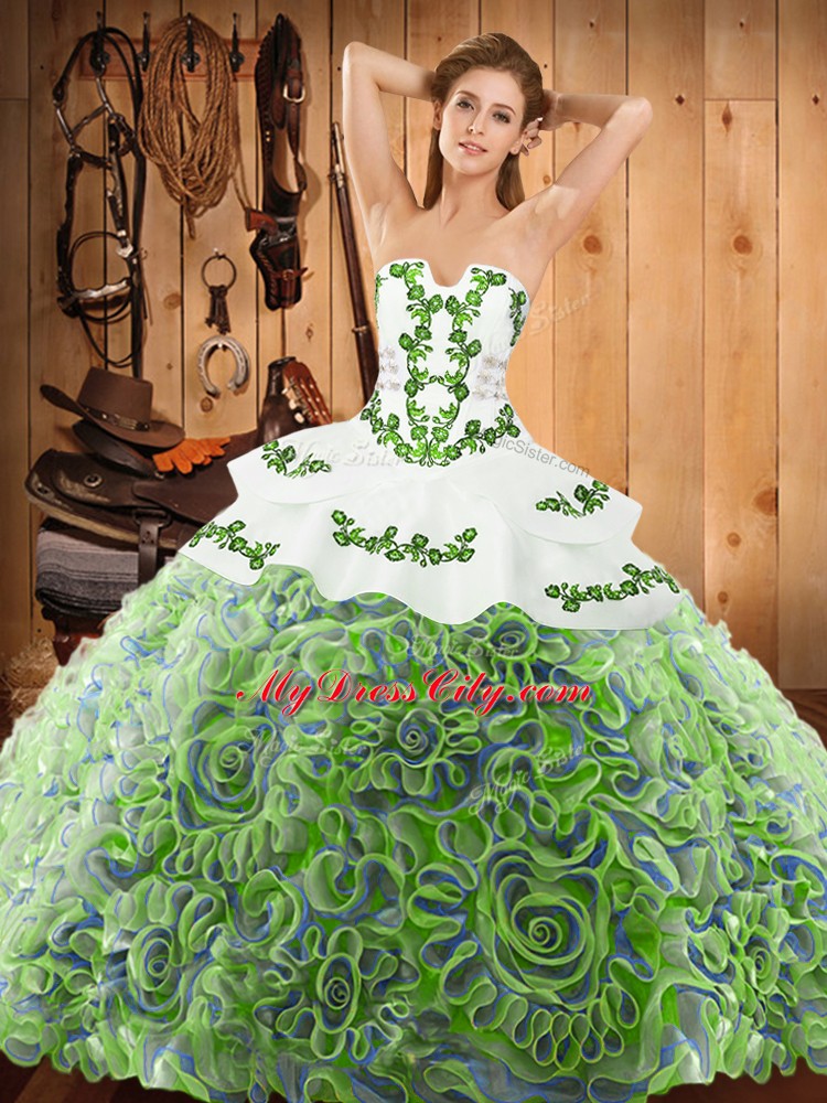 Comfortable Multi-color Sweet 16 Quinceanera Dress Military Ball and Sweet 16 and Quinceanera with Embroidery Strapless Sleeveless Sweep Train Lace Up