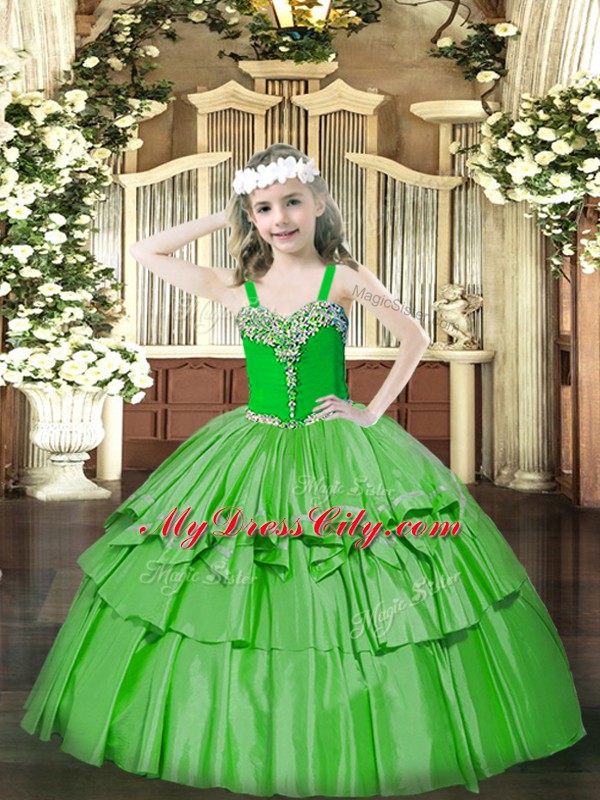 Green Ball Gowns Beading and Ruffled Layers Kids Pageant Dress Lace Up Organza Sleeveless Floor Length