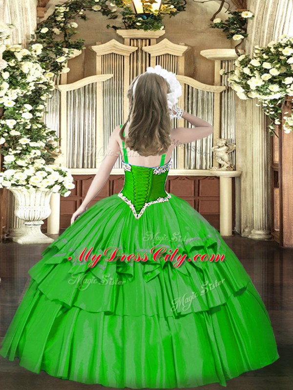 Green Ball Gowns Beading and Ruffled Layers Kids Pageant Dress Lace Up Organza Sleeveless Floor Length