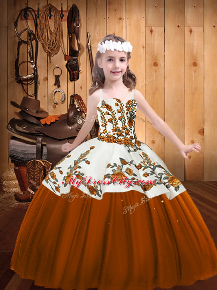 Floor Length Lace Up Little Girl Pageant Dress Brown for Sweet 16 and Quinceanera with Embroidery