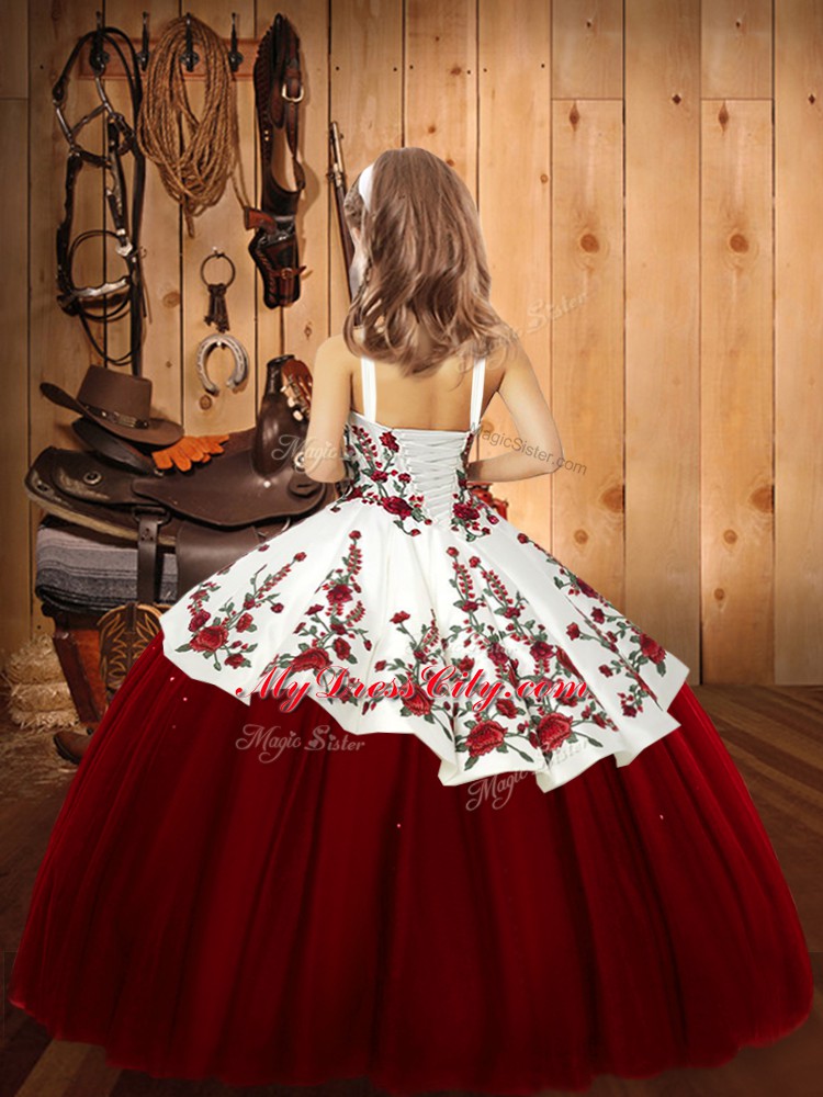 Floor Length Lace Up Little Girl Pageant Dress Brown for Sweet 16 and Quinceanera with Embroidery