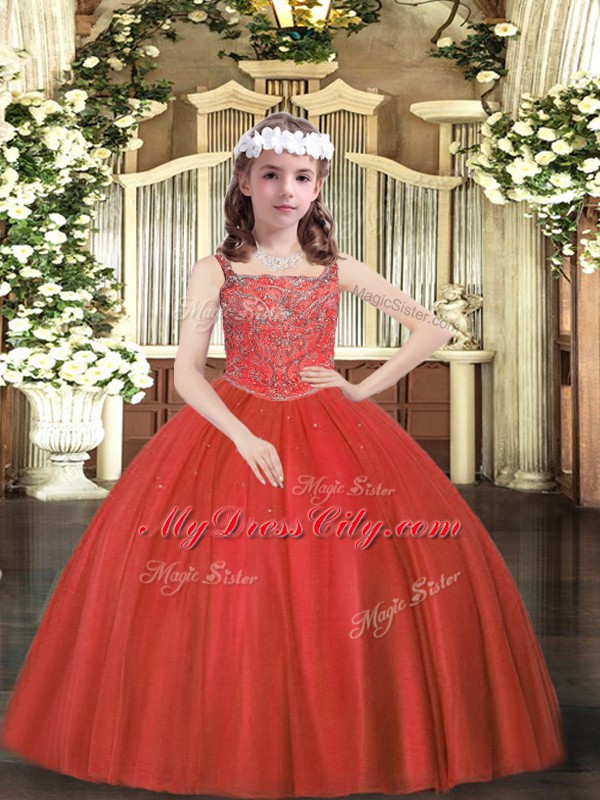 Stunning Sleeveless Tulle Floor Length Zipper Pageant Gowns For Girls in Red with Beading