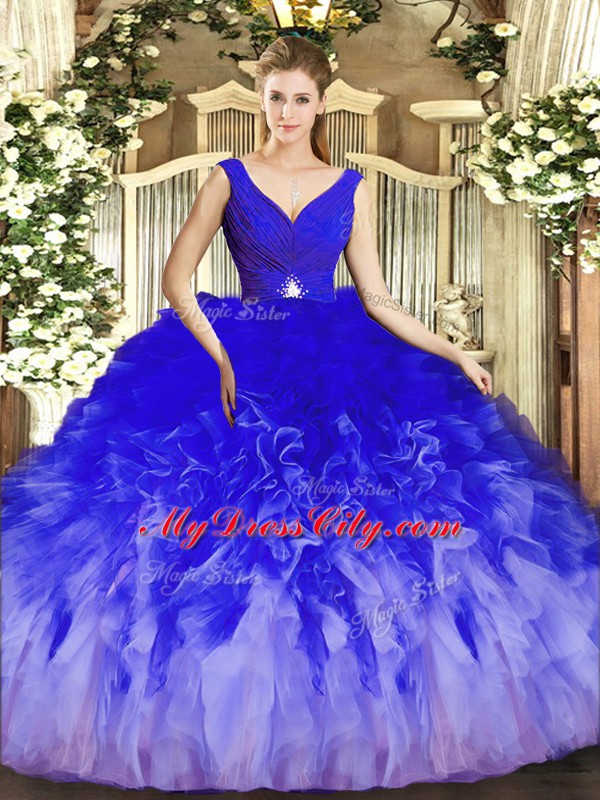 Sumptuous Tulle V-neck Sleeveless Backless Beading and Ruffles Sweet 16 Quinceanera Dress in Multi-color