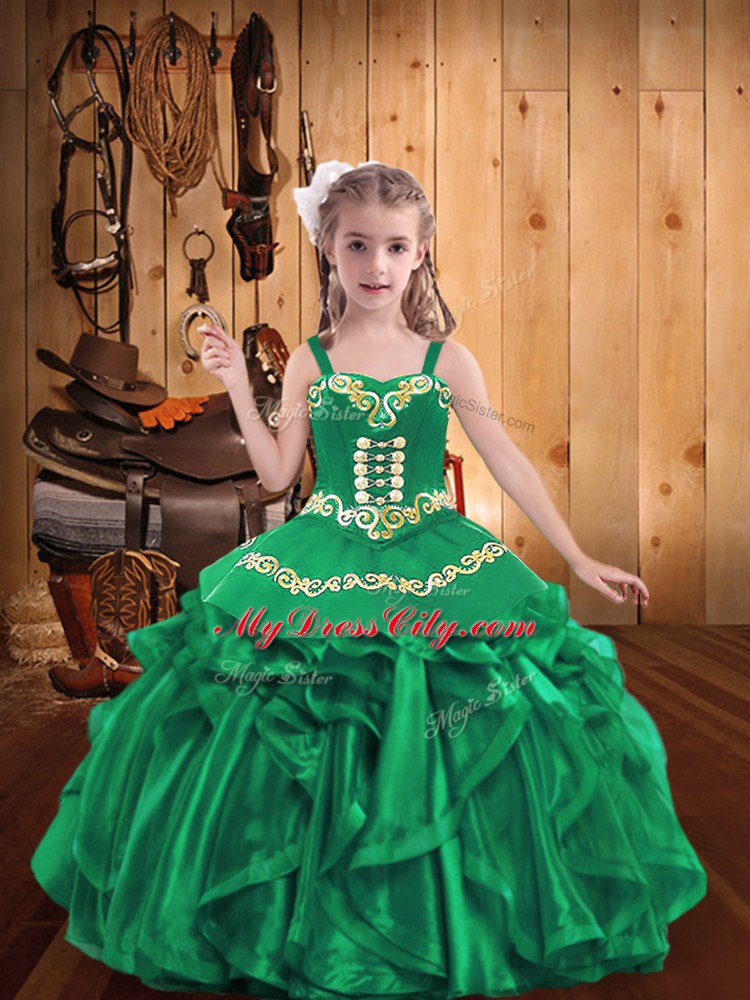 Organza Straps Sleeveless Lace Up Embroidery and Ruffles Girls Pageant Dresses in Turquoise