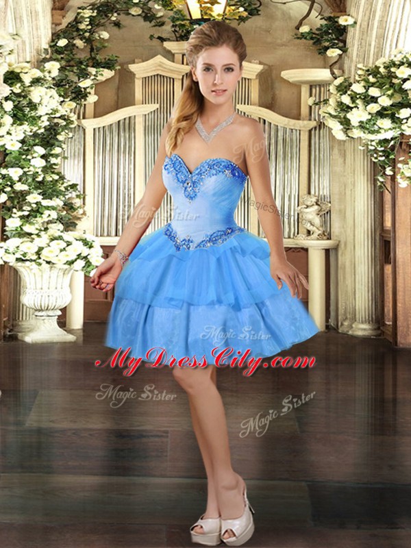 Stunning Sleeveless Organza Mini Length Lace Up Prom Dress in Baby Blue with Beading and Ruffled Layers