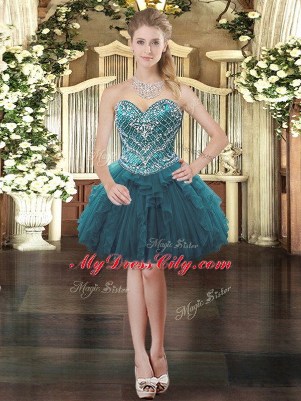 Classical Mini Length Teal Prom Dresses Sweetheart Sleeveless Lace Up