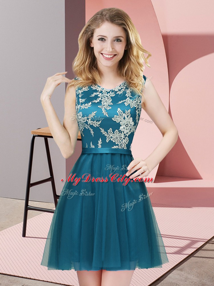 Most Popular Teal A-line Scoop Sleeveless Tulle Mini Length Side Zipper Lace Court Dresses for Sweet 16