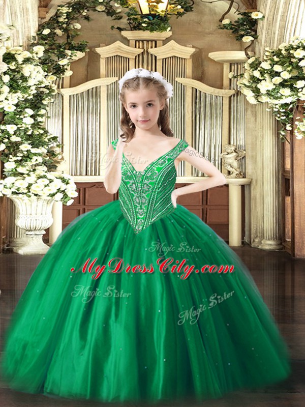 Green V-neck Neckline Beading Little Girl Pageant Gowns Sleeveless Lace Up